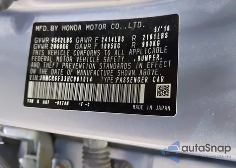 2017 Honda Accord Hybrid from USA, damaged, VIN JHMCR6F33HC001014